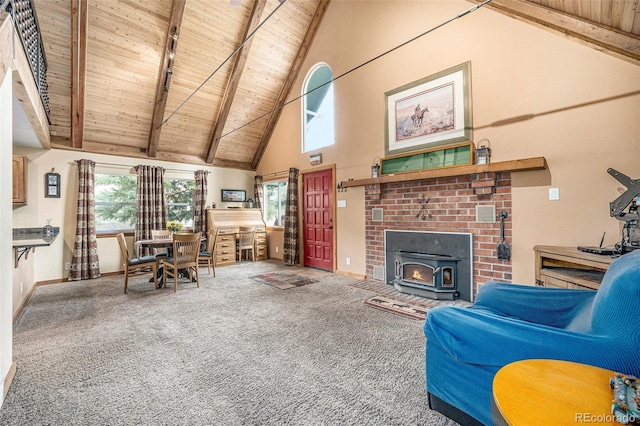 12569 S Parker Ave, Pine, CO 80470 - living area featuring a wood stove, high vaulted ceiling, wooden ceiling, and carpet