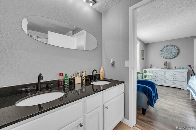 bathroom with vanity, wood-type flooring, and a textured ceiling