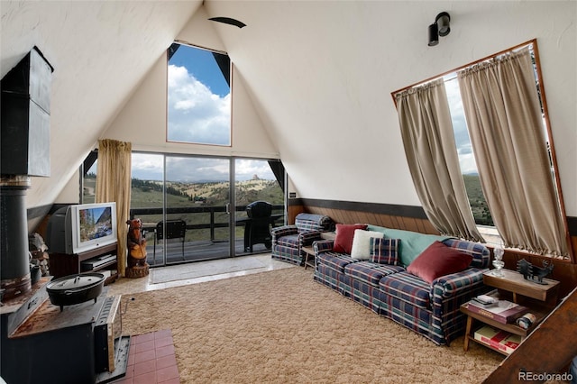 63 Welsh Cob Ln, Jefferson, CO 80456 - living area featuring high vaulted ceiling, carpet, and wainscoting