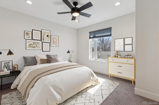 carpeted bedroom with recessed lighting, a ceiling fan, and baseboards