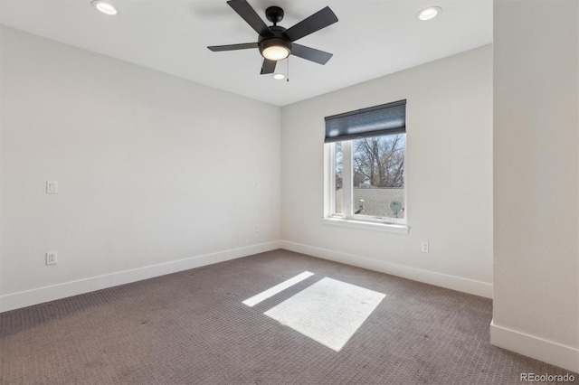 spare room with ceiling fan, carpet floors, recessed lighting, and baseboards