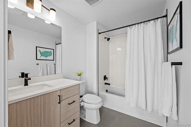 bathroom featuring shower / bathtub combination with curtain, vanity, tile patterned flooring, visible vents, and toilet