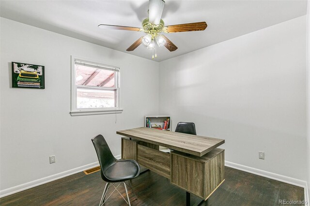 office with ceiling fan and dark hardwood / wood-style floors