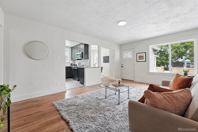 3344 W 33rd Ave, Denver, CO 80211 - living room with a textured ceiling, light wood-style flooring, and baseboards