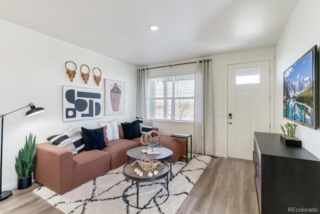 living area featuring light wood finished floors and baseboards