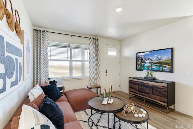 living room with light wood-type flooring and baseboards