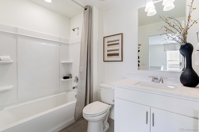 full bathroom with shower / bath combo, vanity, and toilet