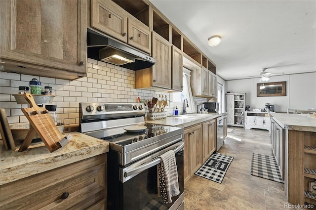 30890 Ken Vw, Yoder, CO 80864 - kitchen featuring appliances with stainless steel finishes, under cabinet range hood, open shelves, a sink, and backsplash