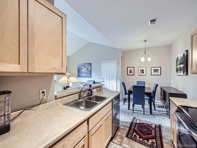 8481 W Union Ave Unit 4-203, Littleton, CO 80123 - kitchen with light brown cabinets, dishwasher, black electric range, light countertops, and vaulted ceiling