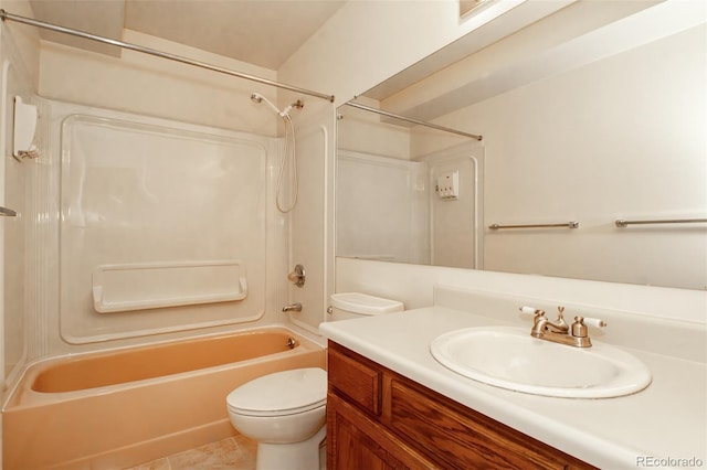 bathroom with toilet, vanity, shower / bathing tub combination, and tile patterned flooring