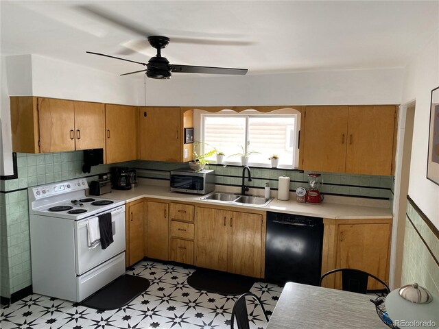 kitchen with decorative backsplash, black dishwasher, ceiling fan, sink, and white range with electric stovetop