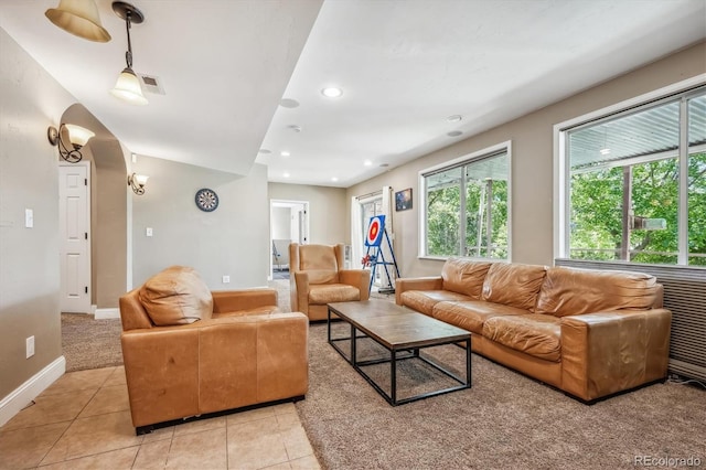 living room featuring light tile patterned floors