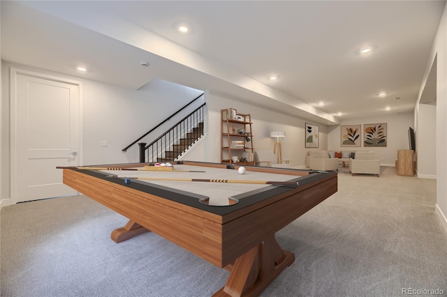 rec room with billiards and light colored carpet