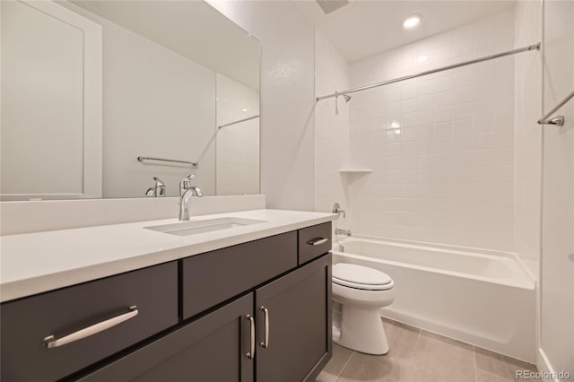 full bathroom with shower / bathtub combination, toilet, vanity, and tile patterned flooring