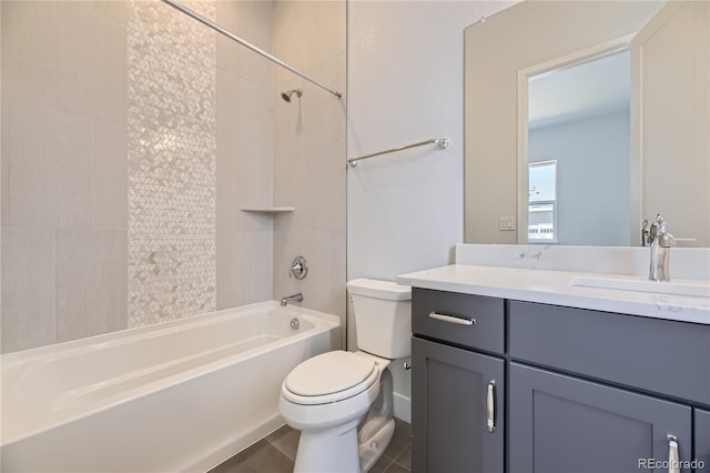 full bathroom with vanity, toilet, bathtub / shower combination, and tile patterned flooring