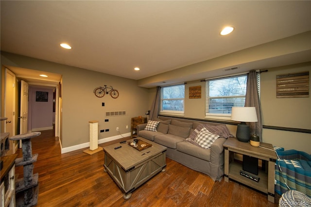 living room with dark wood-type flooring