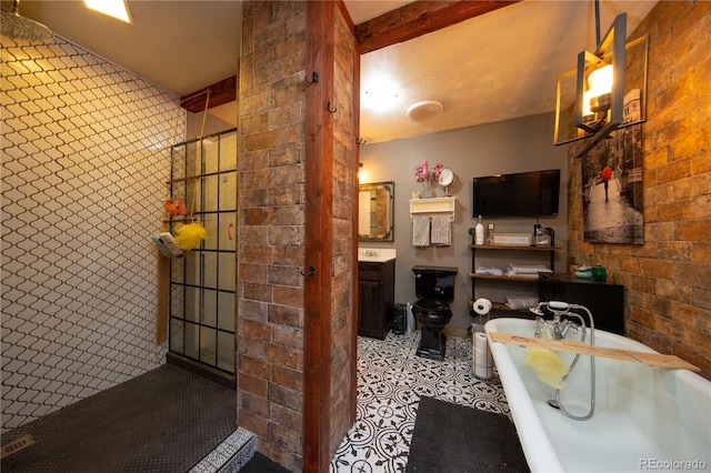 bathroom with brick wall, beamed ceiling, a shower, tile patterned flooring, and vanity