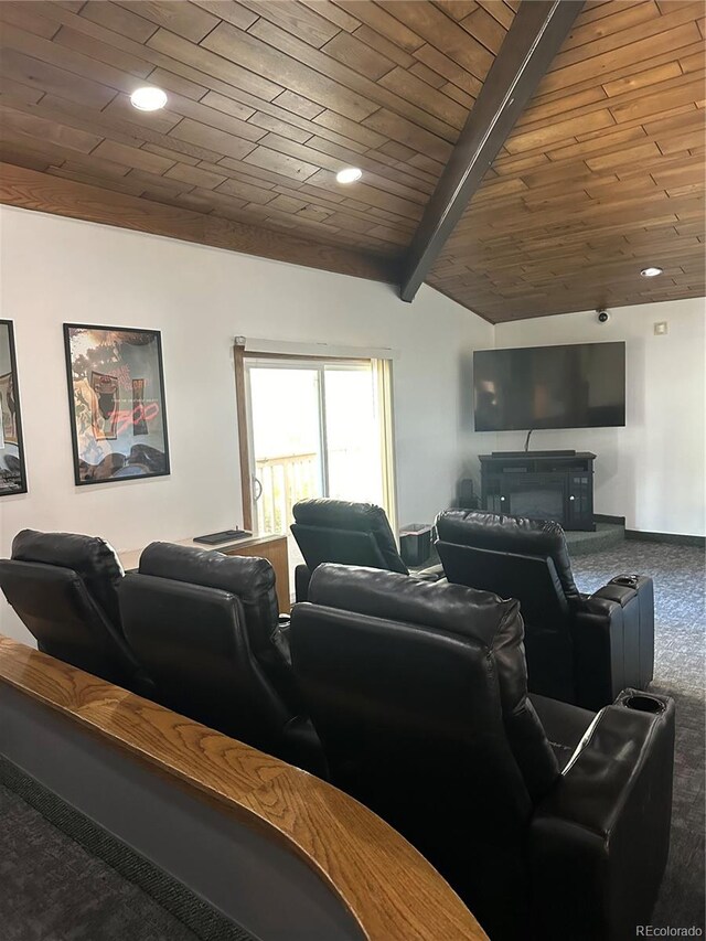 carpeted living room featuring wood ceiling and lofted ceiling with beams