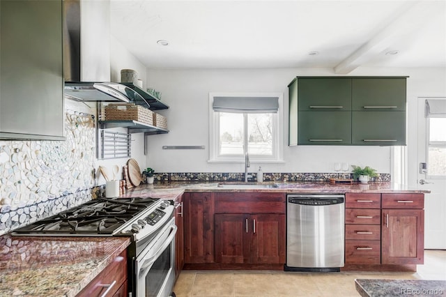 kitchen featuring a sink, appliances with stainless steel finishes, green cabinets, extractor fan, and a healthy amount of sunlight