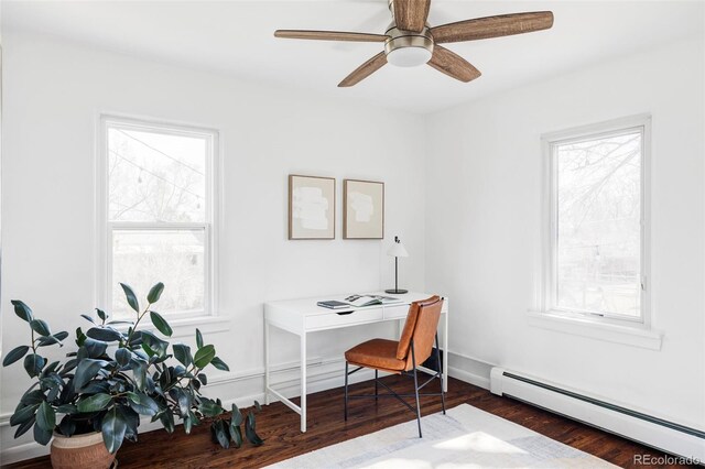 office featuring wood finished floors, a wealth of natural light, and a baseboard radiator