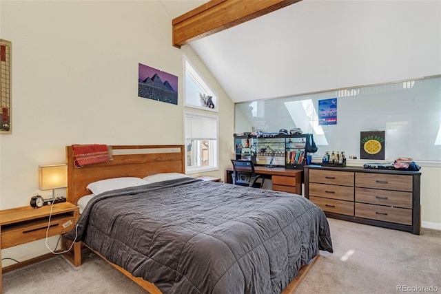 bedroom with beamed ceiling, light carpet, high vaulted ceiling, and baseboards