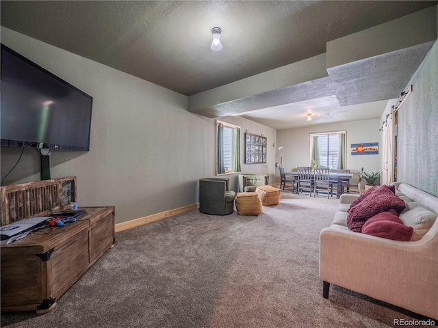 living room featuring carpet floors, baseboards, and a textured ceiling