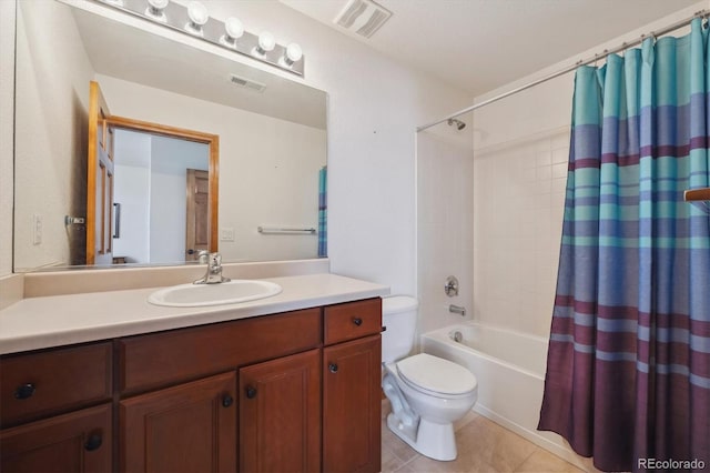 bathroom featuring visible vents, shower / bathtub combination with curtain, toilet, and tile patterned floors