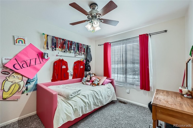 bedroom with ceiling fan and carpet floors