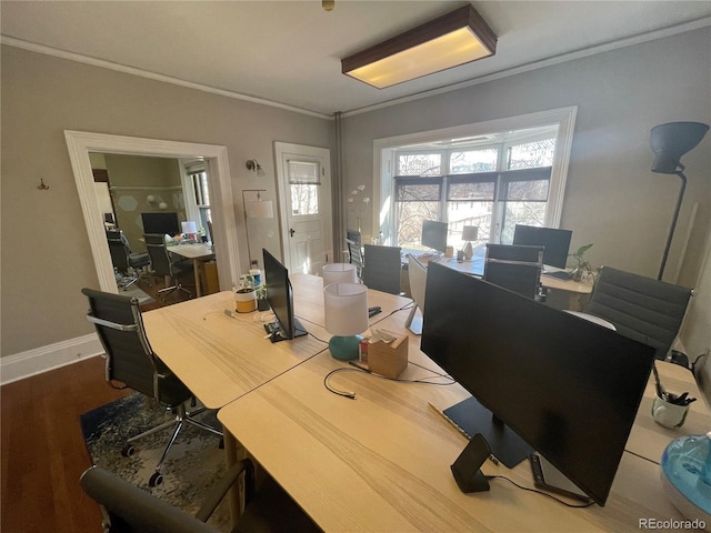 1625 N Downing St, Denver, CO 80218 - dining area with a desk, crown molding, wood finished floors, and baseboards