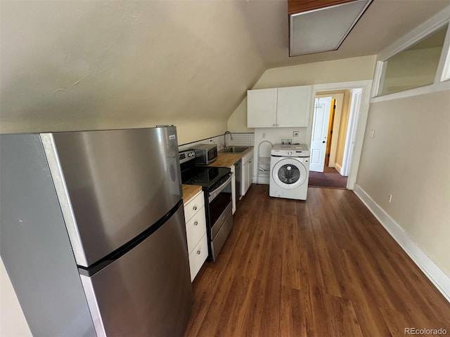 1625 N Downing St, Denver, CO 80218 - kitchen featuring washer / dryer, appliances with stainless steel finishes, white cabinetry, light countertops, and dark wood-type flooring