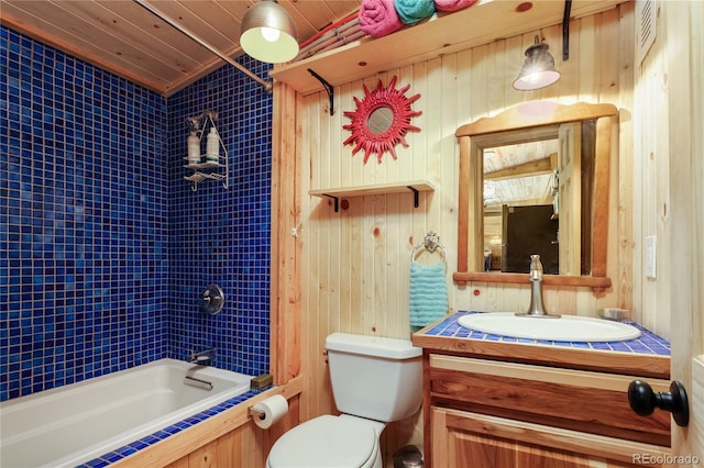 256 Fisk Fenner Rd, Allenspark, CO 80510 - full bathroom with vanity, shower / bathtub combination, wood ceiling, and wooden walls