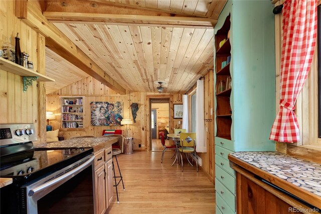 256 Fisk Fenner Rd, Allenspark, CO 80510 - kitchen featuring electric stove, wood ceiling, wooden walls, open shelves, and light countertops