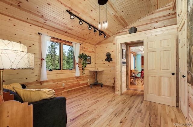 256 Fisk Fenner Rd, Allenspark, CO 80510 - sitting room with wooden ceiling, rail lighting, vaulted ceiling, wooden walls, and wood finished floors