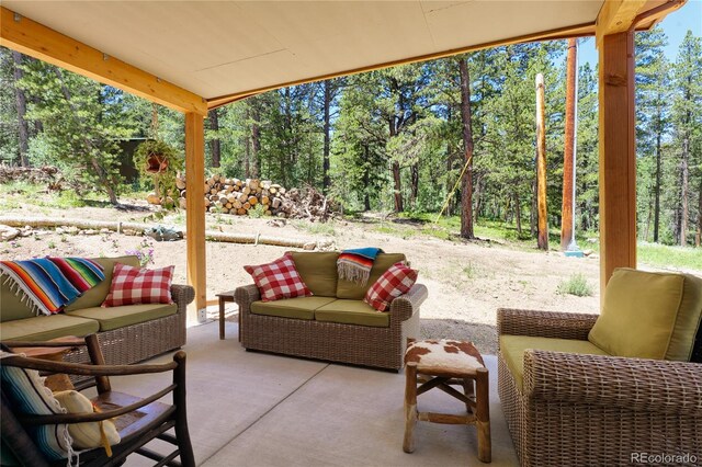 256 Fisk Fenner Rd, Allenspark, CO 80510 - view of patio with outdoor lounge area and view of scattered trees