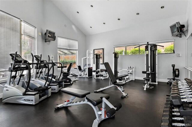 7931 W 55th Ave Unit 105, Arvada, CO 80002 - exercise room with high vaulted ceiling and baseboards