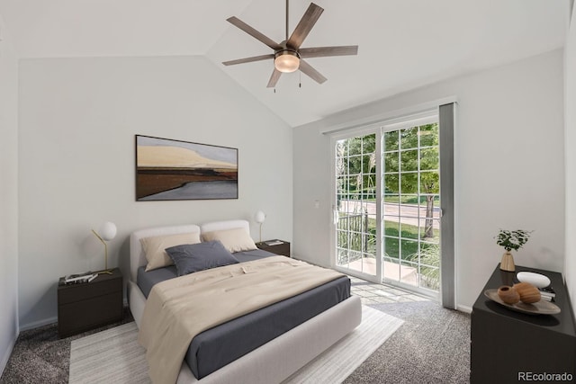 bedroom with light carpet, lofted ceiling, access to outside, and ceiling fan