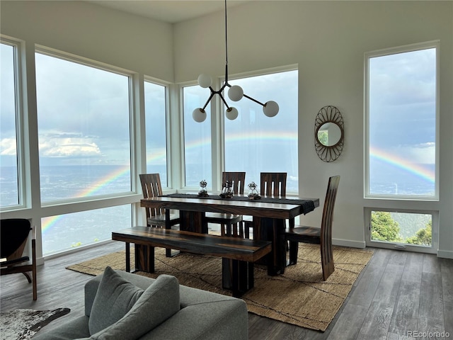 555 Sunrise Peak Rd, Manitou Springs, CO 80829 - dining room with a chandelier, wood finished floors, and a water view