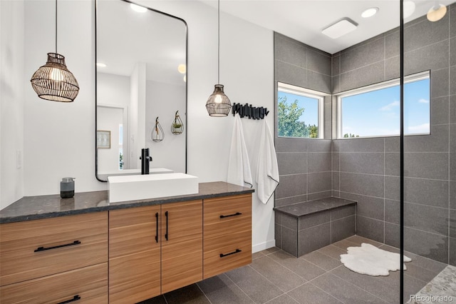 555 Sunrise Peak Rd, Manitou Springs, CO 80829 - bathroom with vanity, a walk in shower, recessed lighting, and tile patterned floors