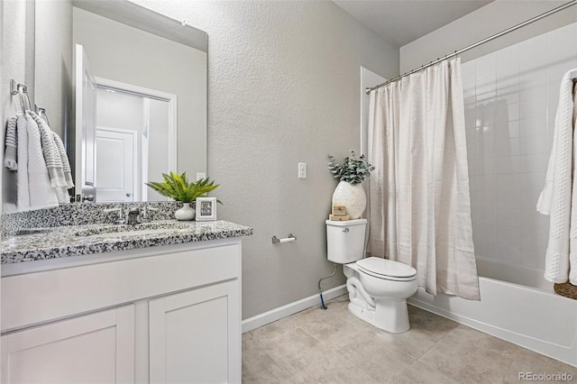 3548 Swabuck Pl, Castle Rock, CO 80109 - bathroom with toilet, vanity, a textured wall, baseboards, and shower / tub combo