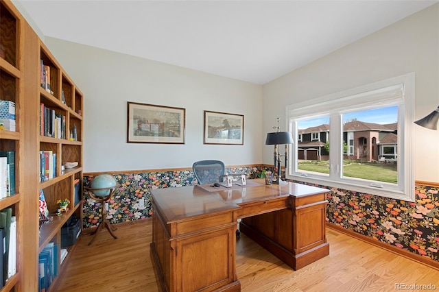 25 Sand Cherry, Littleton, CO 80127 - office area with light wood finished floors, wallpapered walls, and a wainscoted wall