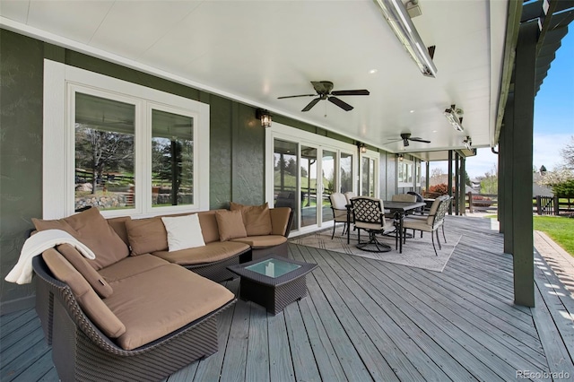 25 Sand Cherry, Littleton, CO 80127 - wooden terrace featuring an outdoor living space, outdoor dining area, ceiling fan, and french doors