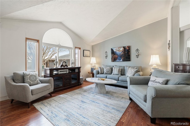 living room featuring dark wood-type flooring, a textured ceiling, and vaulted ceiling