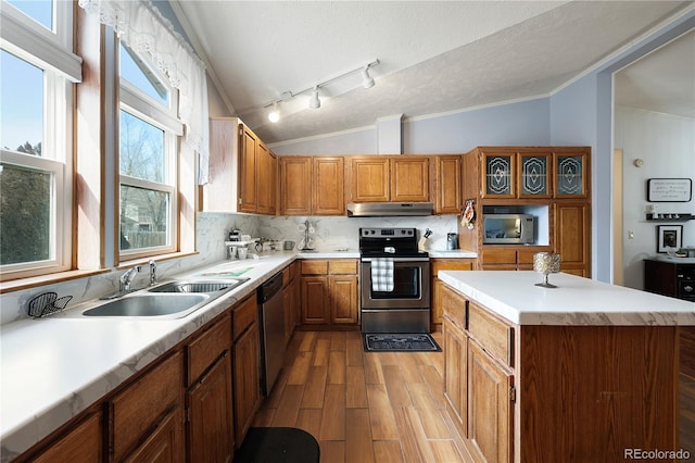 kitchen featuring light hardwood / wood-style floors, decorative backsplash, lofted ceiling, appliances with stainless steel finishes, and sink