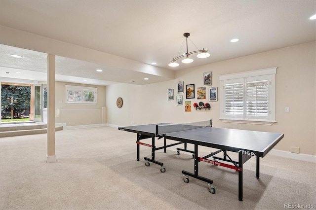 game room with carpet floors, baseboards, and recessed lighting