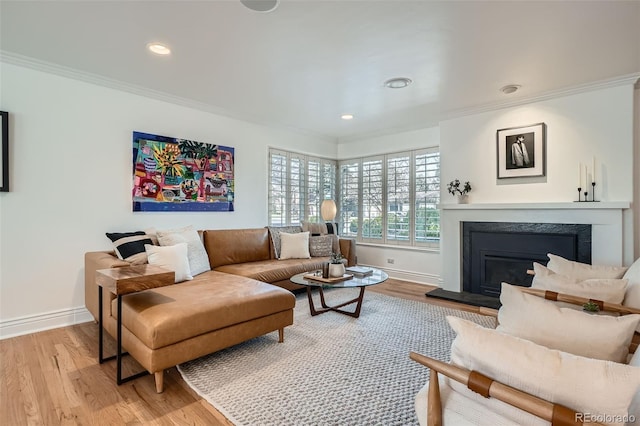 living room with a high end fireplace, crown molding, and light wood finished floors