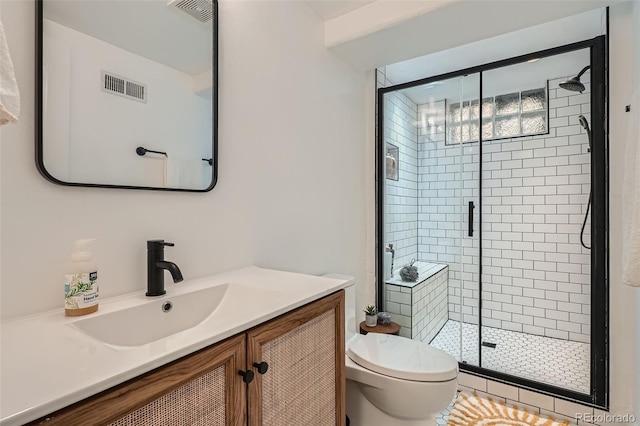 full bathroom with visible vents, a stall shower, and toilet