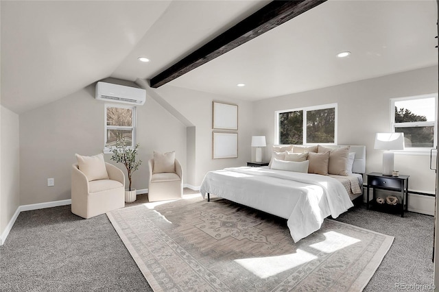 bedroom featuring a wall mounted AC, carpet floors, and lofted ceiling with beams