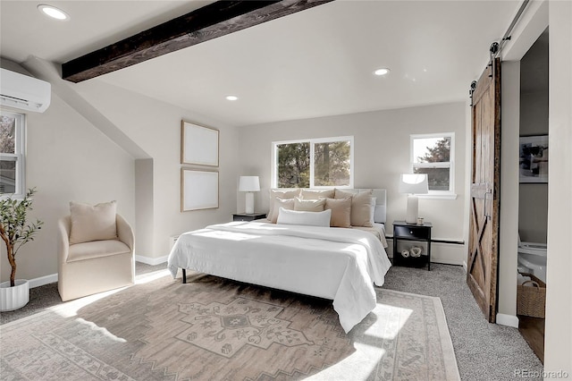 carpeted bedroom with a barn door, an AC wall unit, beamed ceiling, and a baseboard heating unit