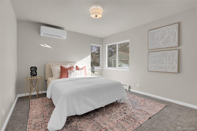 bedroom featuring carpet floors, a wall mounted AC, and a baseboard heating unit