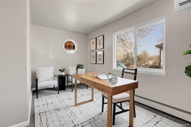 carpeted home office featuring a baseboard heating unit and a wall unit AC